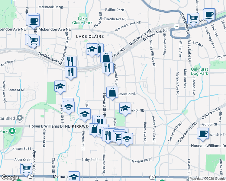 map of restaurants, bars, coffee shops, grocery stores, and more near 181 Howard Street Northeast in Atlanta