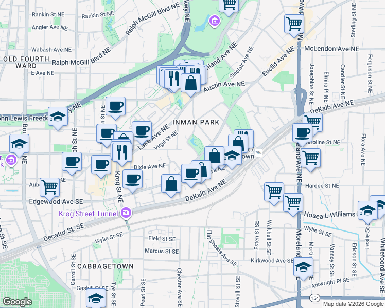 map of restaurants, bars, coffee shops, grocery stores, and more near 126 Waverly Way NE in Atlanta
