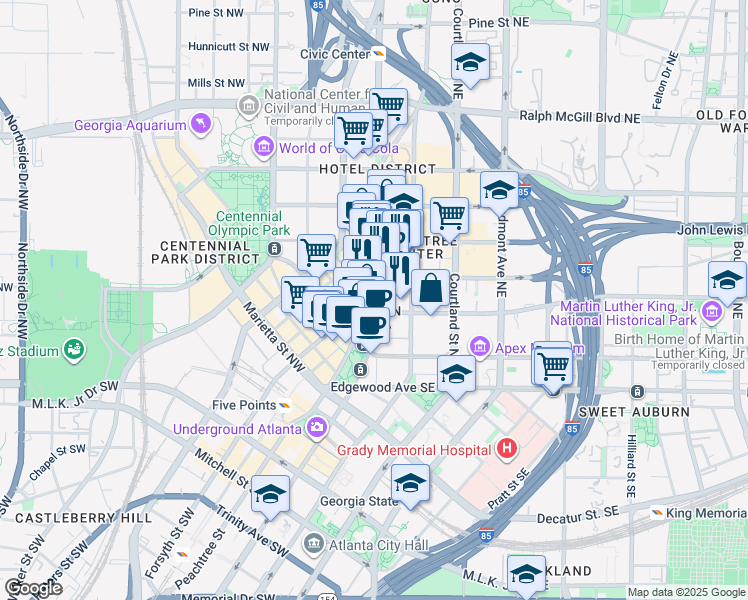 map of restaurants, bars, coffee shops, grocery stores, and more near 133 Peachtree Street in Atlanta
