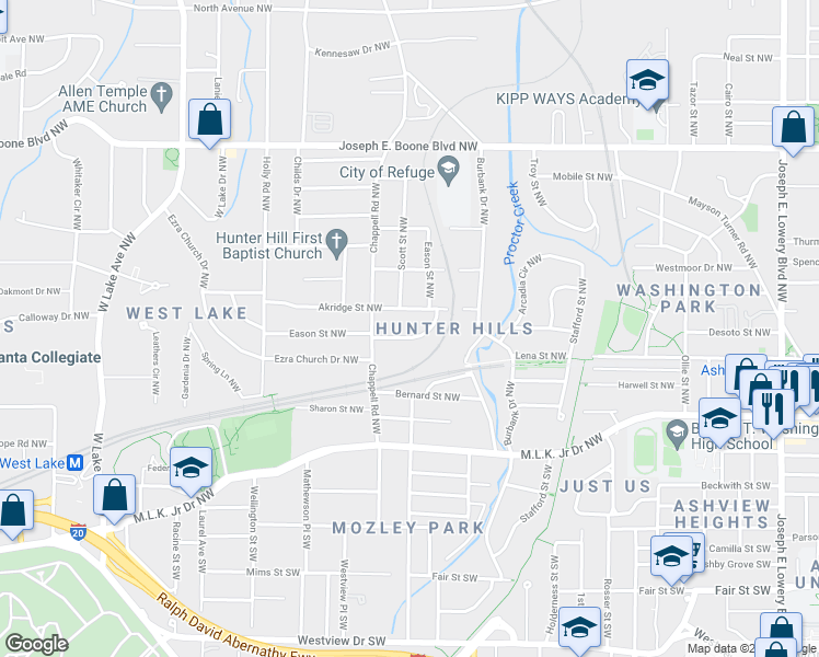 map of restaurants, bars, coffee shops, grocery stores, and more near 1351 Eason Street Northwest in Atlanta