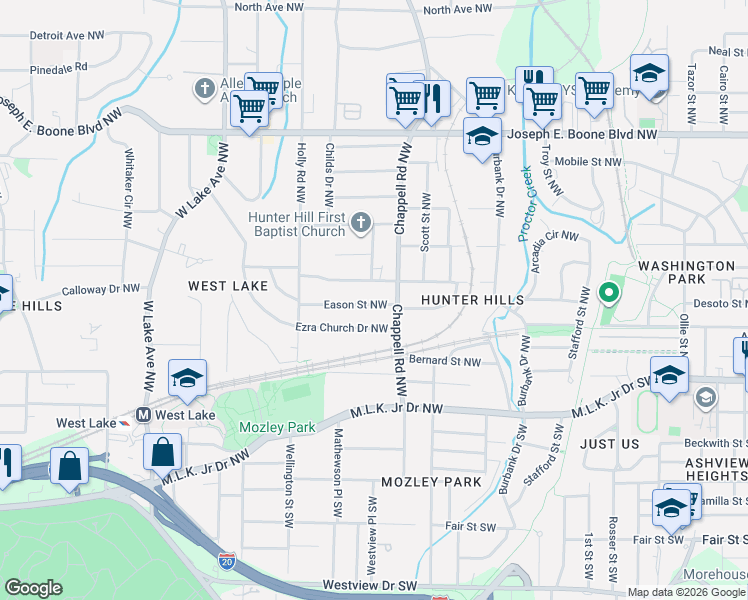map of restaurants, bars, coffee shops, grocery stores, and more near 1433 Eason Street Northwest in Atlanta