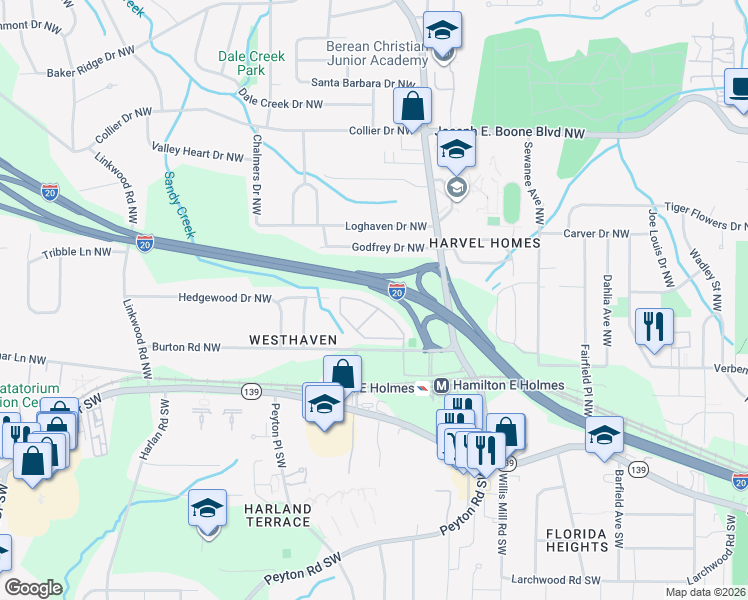 map of restaurants, bars, coffee shops, grocery stores, and more near 2448 Laurel Circle Northwest in Atlanta