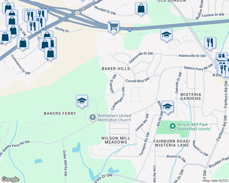 map of restaurants, bars, coffee shops, grocery stores, and more near 110 Candlelight Lane Southwest in Atlanta