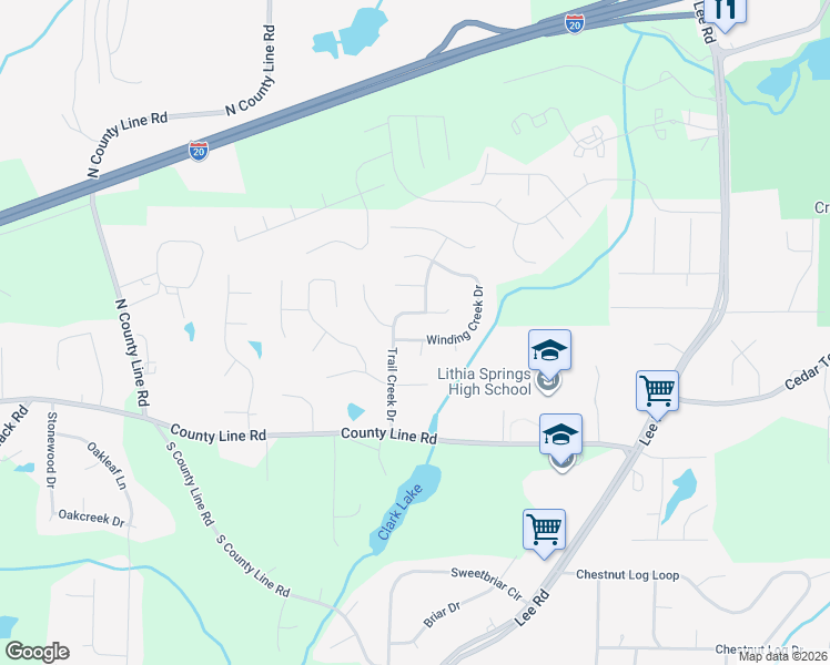 map of restaurants, bars, coffee shops, grocery stores, and more near 2672 Winding Creek Drive in Lithia Springs