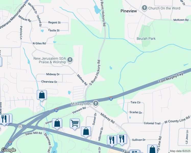 map of restaurants, bars, coffee shops, grocery stores, and more near 1754 South Burnt Hickory Road in Douglasville