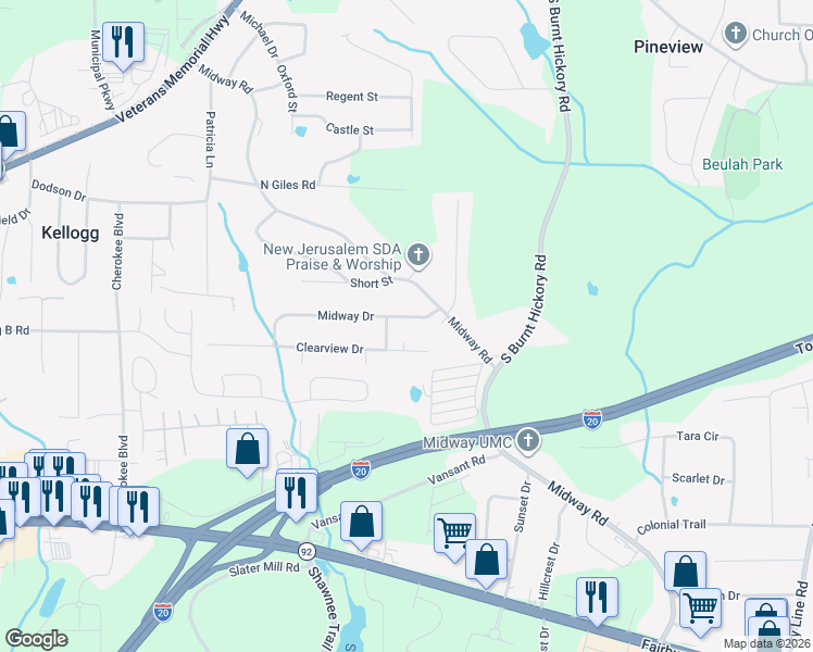 map of restaurants, bars, coffee shops, grocery stores, and more near 4191 Midway Drive in Douglasville