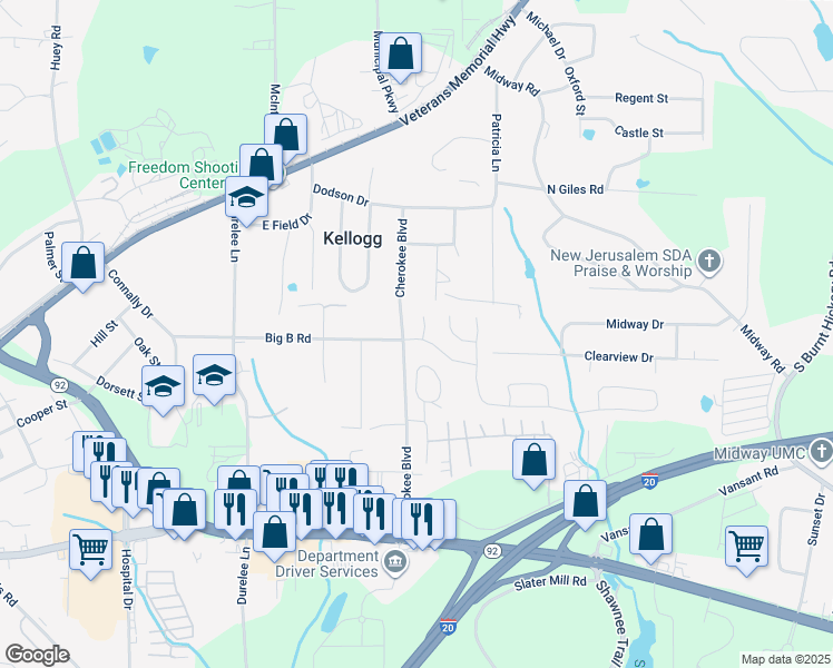 map of restaurants, bars, coffee shops, grocery stores, and more near 5501 Somer Ridge Court in Douglasville