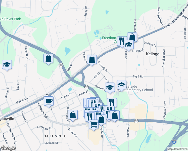 map of restaurants, bars, coffee shops, grocery stores, and more near 6095 Hill Street in Douglasville