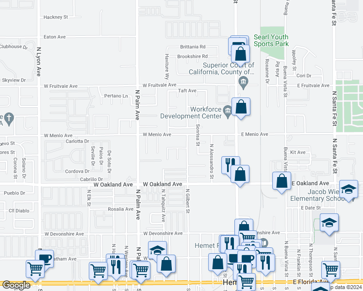 map of restaurants, bars, coffee shops, grocery stores, and more near 528 El Dorado Lane in Hemet