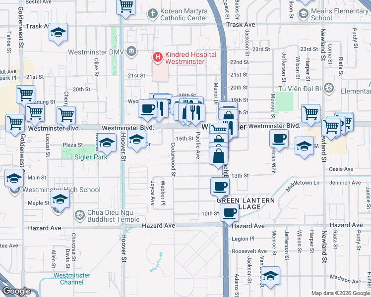 map of restaurants, bars, coffee shops, grocery stores, and more near 7791 15th Street in Westminster