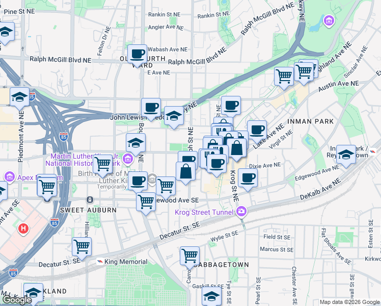 map of restaurants, bars, coffee shops, grocery stores, and more near Irwin Street Northeast & Randolph Street Northeast in Atlanta