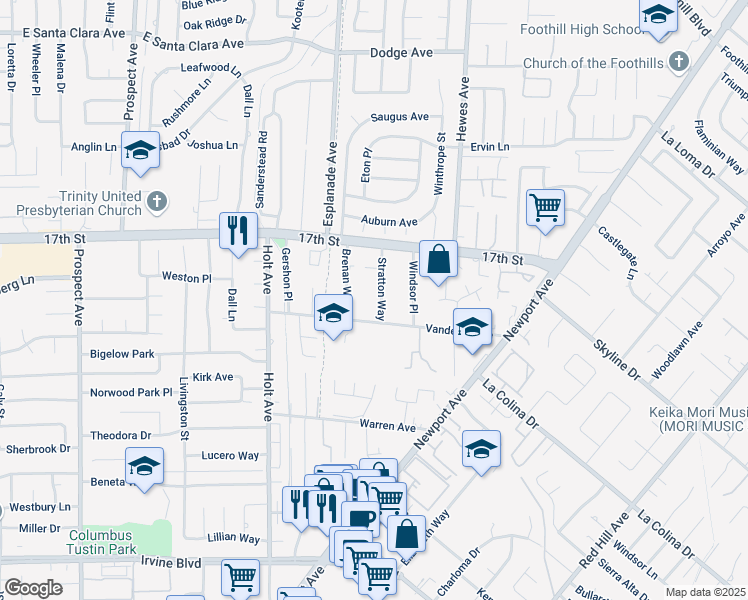 map of restaurants, bars, coffee shops, grocery stores, and more near 14131 Stratton Way in Santa Ana