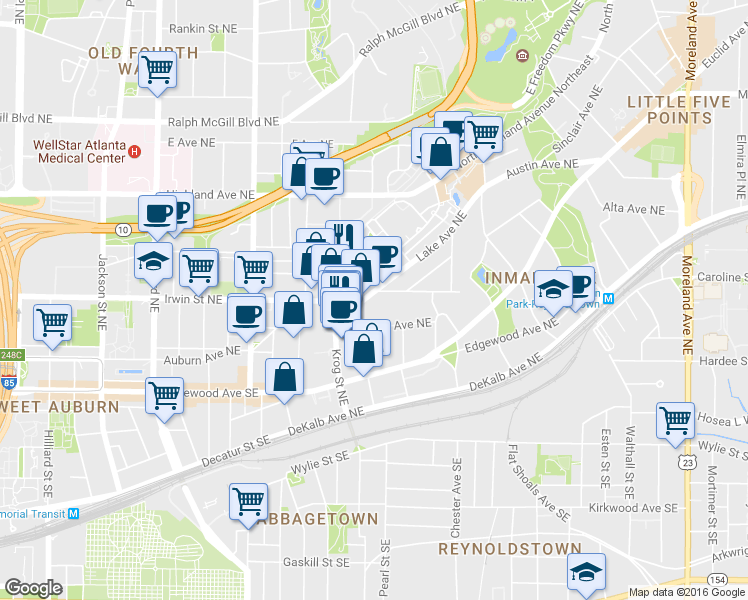 map of restaurants, bars, coffee shops, grocery stores, and more near 937 Euclid Avenue Northeast in Atlanta
