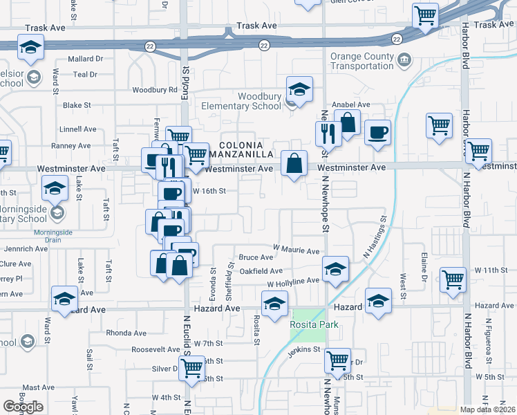 map of restaurants, bars, coffee shops, grocery stores, and more near 1414 Fawn Street in Santa Ana