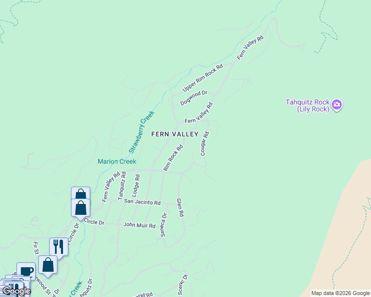map of restaurants, bars, coffee shops, grocery stores, and more near 25080 Rim Rock Road in Idyllwild-Pine Cove