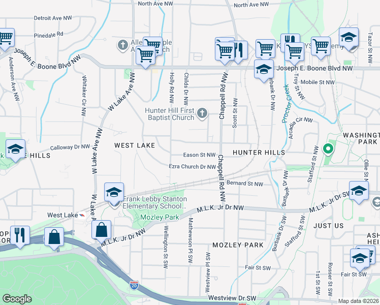 map of restaurants, bars, coffee shops, grocery stores, and more near 1477 Eason Street Northwest in Atlanta