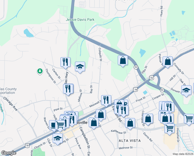 map of restaurants, bars, coffee shops, grocery stores, and more near 8155 Colquitt Street in Douglasville