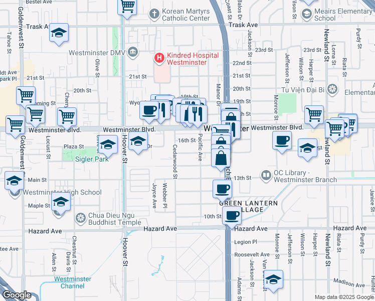 map of restaurants, bars, coffee shops, grocery stores, and more near 7793 15th Street in Westminster