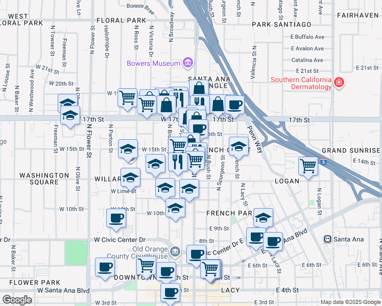 map of restaurants, bars, coffee shops, grocery stores, and more near 202 West 15th Street in Santa Ana