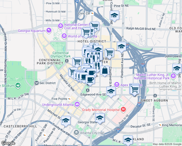 map of restaurants, bars, coffee shops, grocery stores, and more near Peachtree Street Northwest in Atlanta