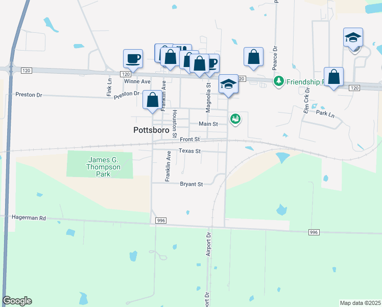 map of restaurants, bars, coffee shops, grocery stores, and more near 305 Texas Street in Pottsboro