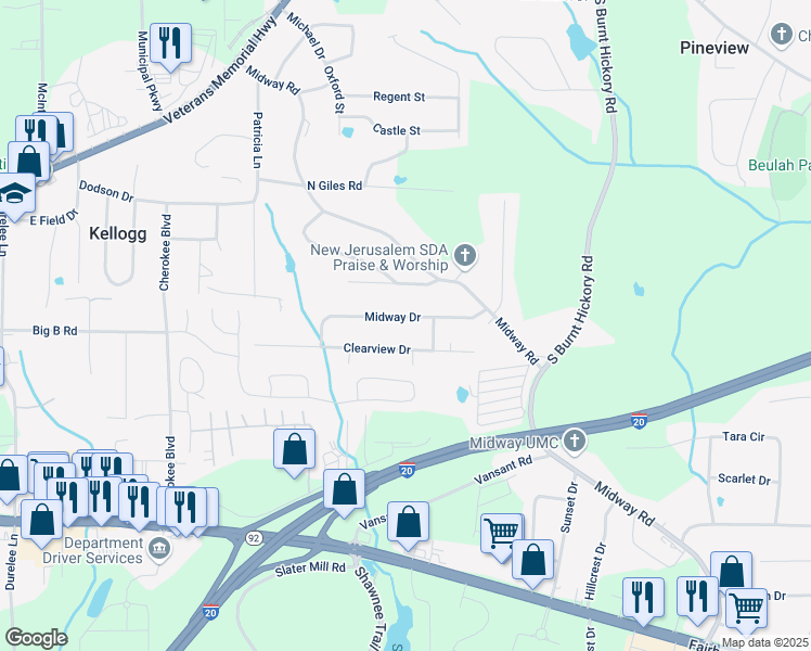 map of restaurants, bars, coffee shops, grocery stores, and more near 4249 Midway Drive in Douglasville