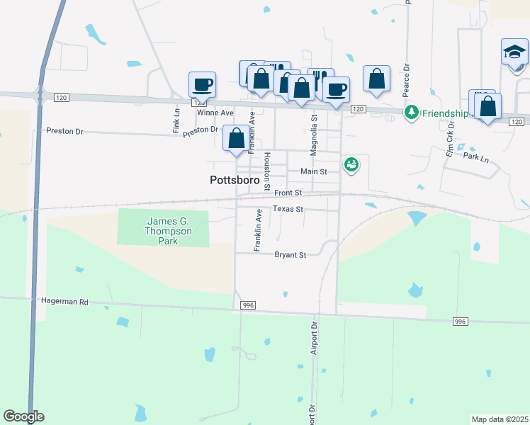 map of restaurants, bars, coffee shops, grocery stores, and more near 606 Franklin Avenue in Pottsboro