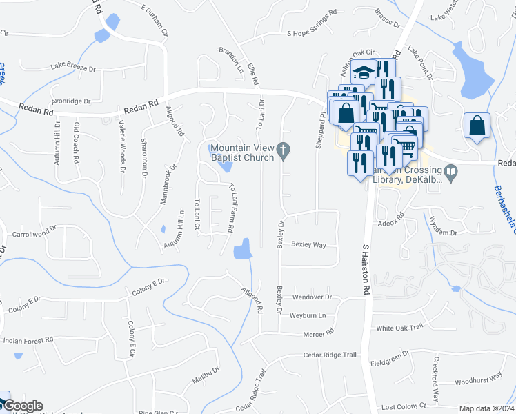 map of restaurants, bars, coffee shops, grocery stores, and more near 1233 To Lani Drive in Stone Mountain