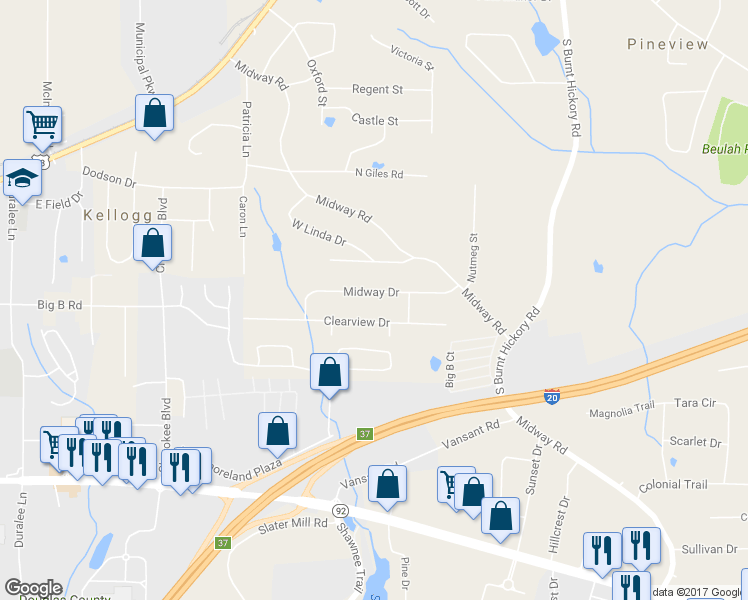 map of restaurants, bars, coffee shops, grocery stores, and more near 4249 Midway Drive in Douglasville