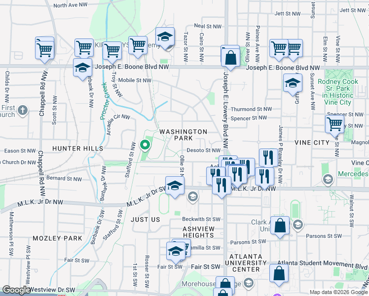 map of restaurants, bars, coffee shops, grocery stores, and more near 101 Ollie Street Northwest in Atlanta