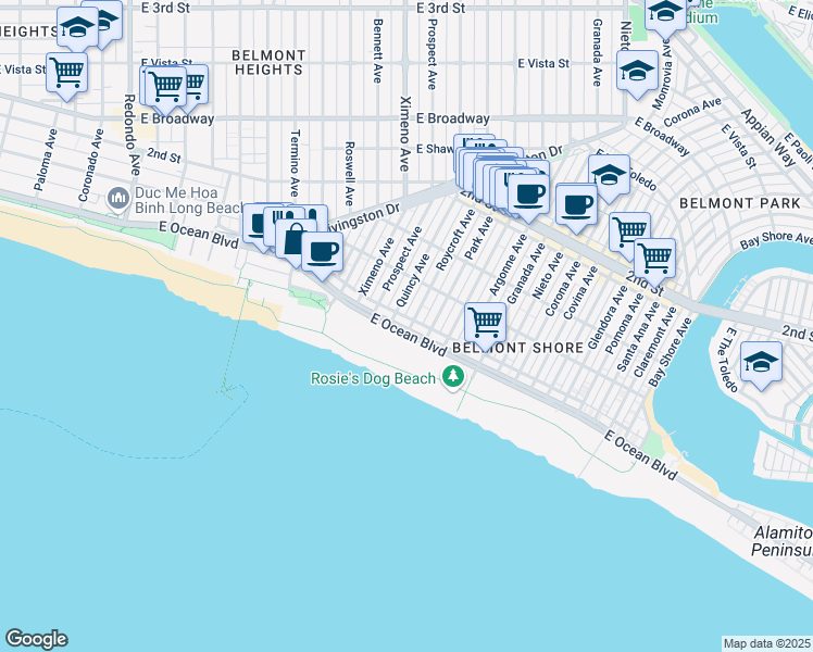 map of restaurants, bars, coffee shops, grocery stores, and more near 4623 East Ocean Boulevard in Long Beach
