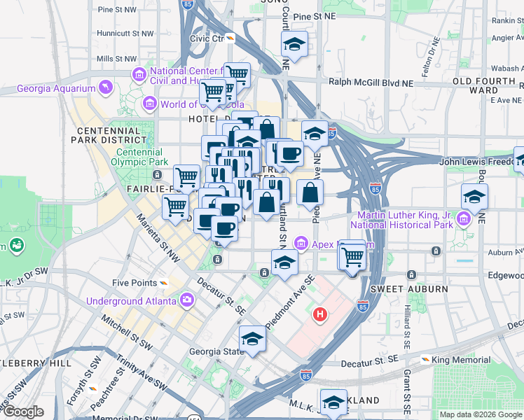 map of restaurants, bars, coffee shops, grocery stores, and more near 137 Peachtree Center Avenue Northeast in Atlanta