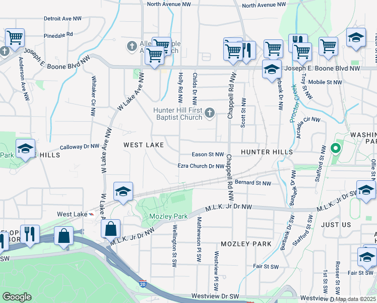 map of restaurants, bars, coffee shops, grocery stores, and more near 1497 Eason Street Northwest in Atlanta