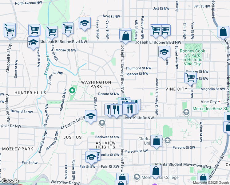 map of restaurants, bars, coffee shops, grocery stores, and more near 945 Desoto Street Northwest in Atlanta