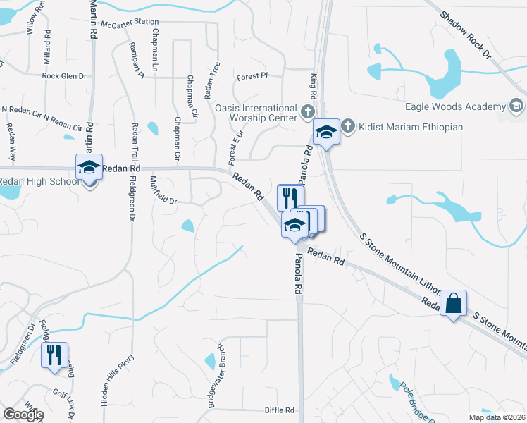 map of restaurants, bars, coffee shops, grocery stores, and more near 1219 Whitney Place in Stone Mountain