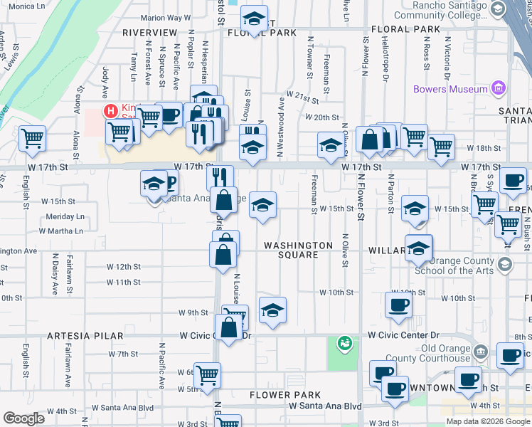 map of restaurants, bars, coffee shops, grocery stores, and more near 1317 North Baker Street in Santa Ana