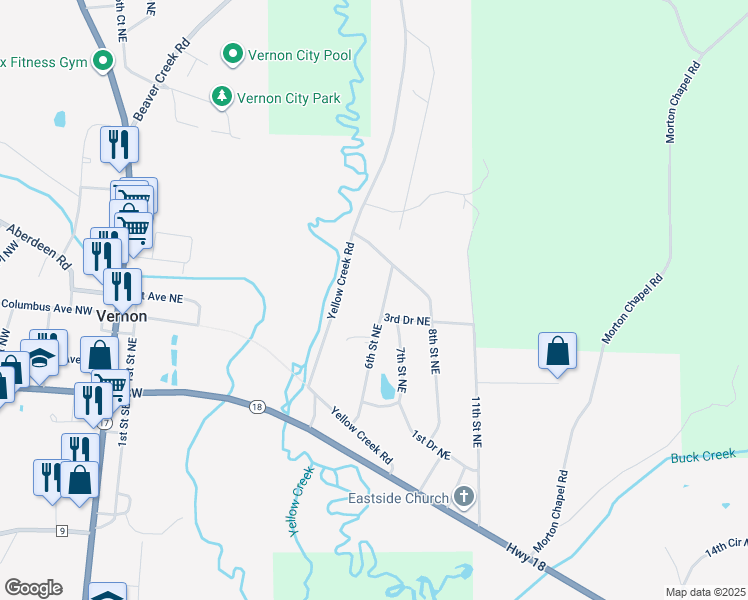 map of restaurants, bars, coffee shops, grocery stores, and more near 6th Street Northeast in Vernon