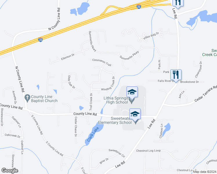 map of restaurants, bars, coffee shops, grocery stores, and more near 2612 Winding Creek Drive in Lithia Springs