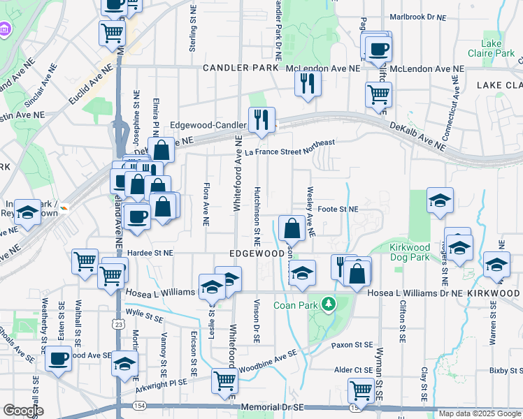 map of restaurants, bars, coffee shops, grocery stores, and more near 145 Hutchinson Street Northeast in Atlanta