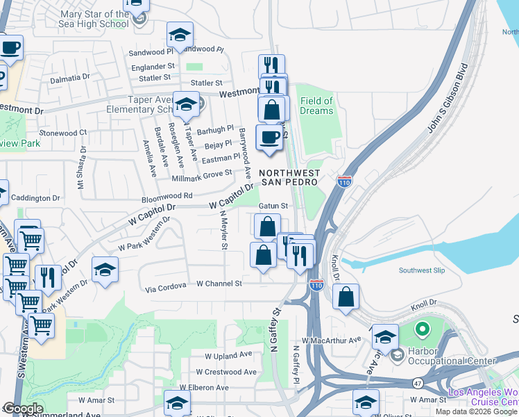 map of restaurants, bars, coffee shops, grocery stores, and more near 783 Gatun Street in Los Angeles