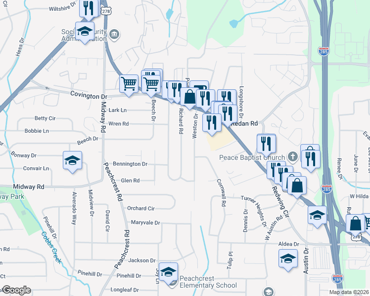 map of restaurants, bars, coffee shops, grocery stores, and more near 1395 Richard Road in Decatur