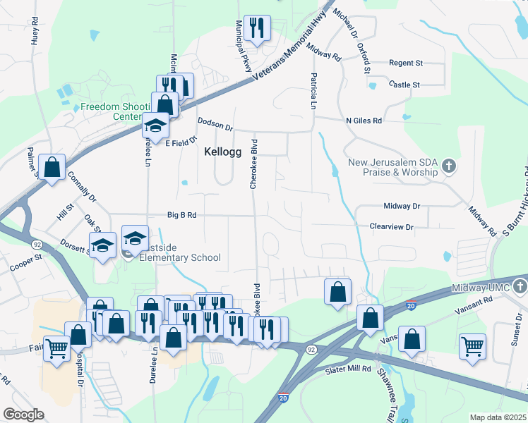 map of restaurants, bars, coffee shops, grocery stores, and more near 5501 Somer Ridge Court in Douglasville