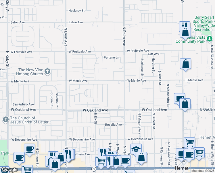 map of restaurants, bars, coffee shops, grocery stores, and more near 585 De Soto Drive in Hemet