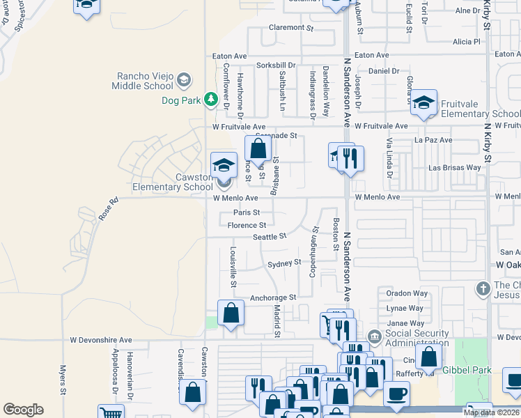 map of restaurants, bars, coffee shops, grocery stores, and more near 3792 Paris Street in Hemet