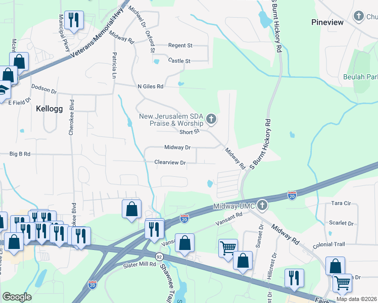 map of restaurants, bars, coffee shops, grocery stores, and more near 4229 Midway Drive in Douglasville