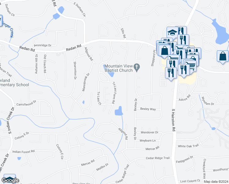 map of restaurants, bars, coffee shops, grocery stores, and more near 1307 To Lani Farm Road in Stone Mountain