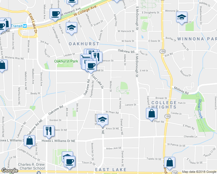 map of restaurants, bars, coffee shops, grocery stores, and more near 555 Mckoy Street in Decatur