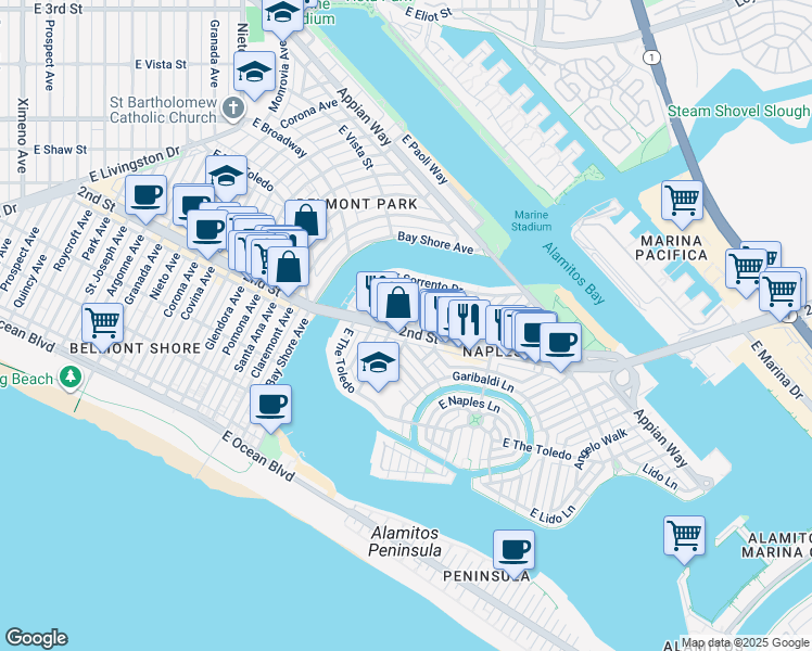 map of restaurants, bars, coffee shops, grocery stores, and more near 5511 2nd Street in Long Beach