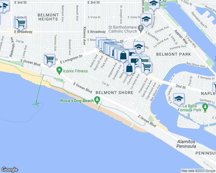 map of restaurants, bars, coffee shops, grocery stores, and more near 75 Granada Avenue in Long Beach