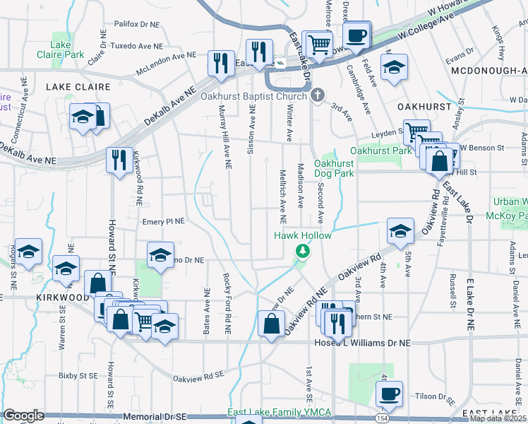 map of restaurants, bars, coffee shops, grocery stores, and more near 184 Martha Avenue Northeast in Atlanta